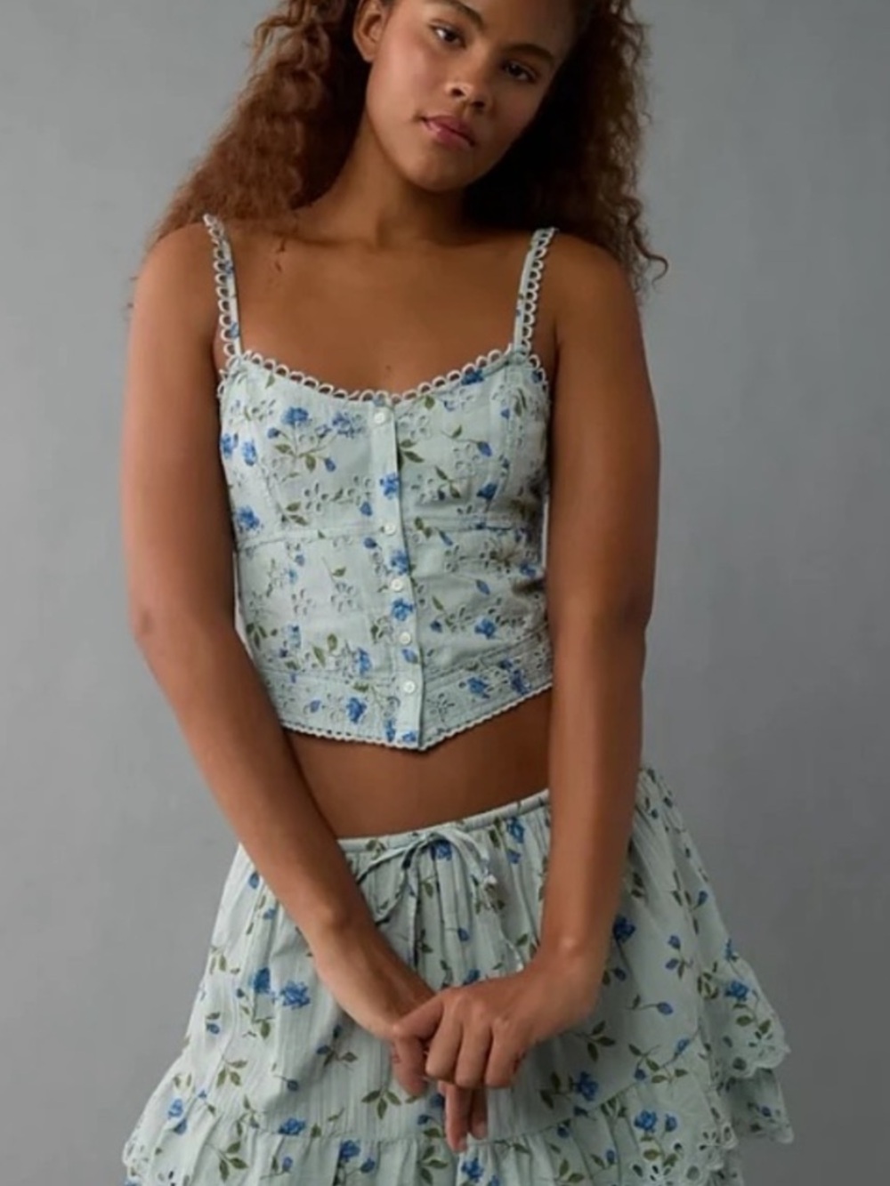 AE Floral Eyelet Button-Front Corset Cami Top - Blue Floral